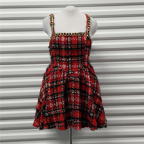 L’Atiste Womens Short Dress Medium Red Black Plaid Tweed Y2K Retro Holiday Party - Picture 2 of 10